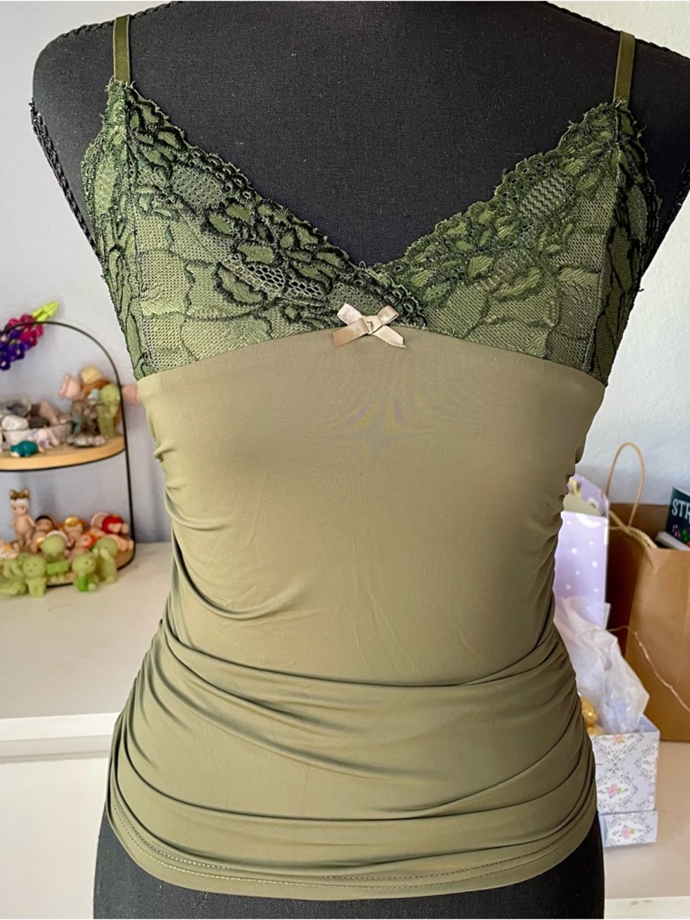 Edikted Olive Green Two-Tone Lace Trim Camisole Top Women's Size XS